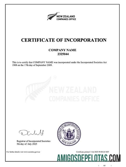 Modelo realista de certificado de incorporação da Nova Zelândia em Word e PDF